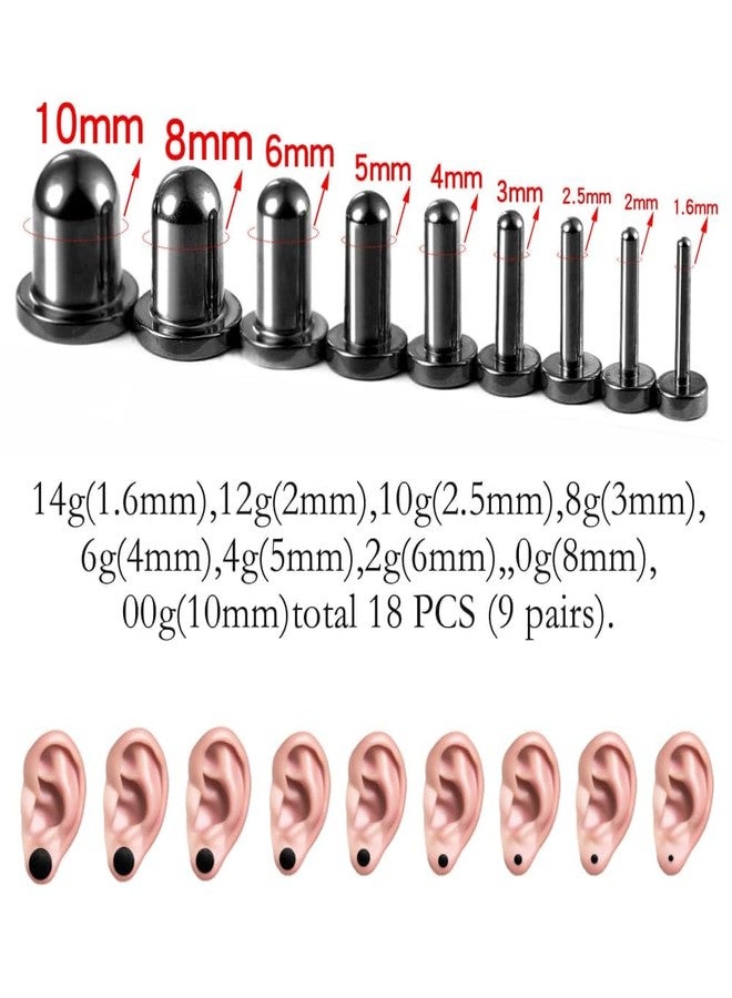 Earblity 9 pairs 14G-00G Full Size Stainless Steel Ear Stretching Kit with 2PCS O-Rings/Pair,Comfy Pain-free Single Flared Dead Stretching Gauges Tunnels Plugs,Black Body Piercing - Image 2